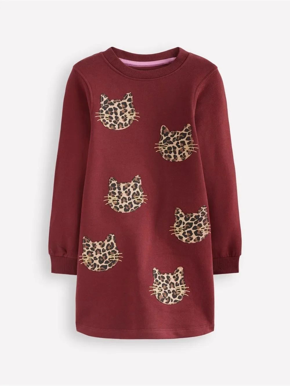 Mini Boden Ida Sweatshirt Appliqué Dress Chestnut Cat Faces